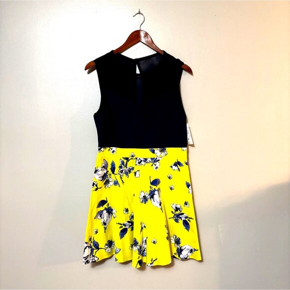 NWT Y2K Navy & Yellow Floral Skater Dress By City Triangle RN#75010 Size 13 - Picture 1 of 6